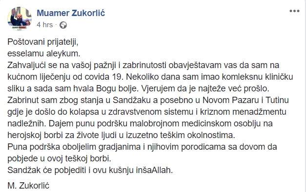 FB Zukorlić.jpg - Sabornik i bivši muftija Muamer ef. Zukorlić pozitivan na Covid-19